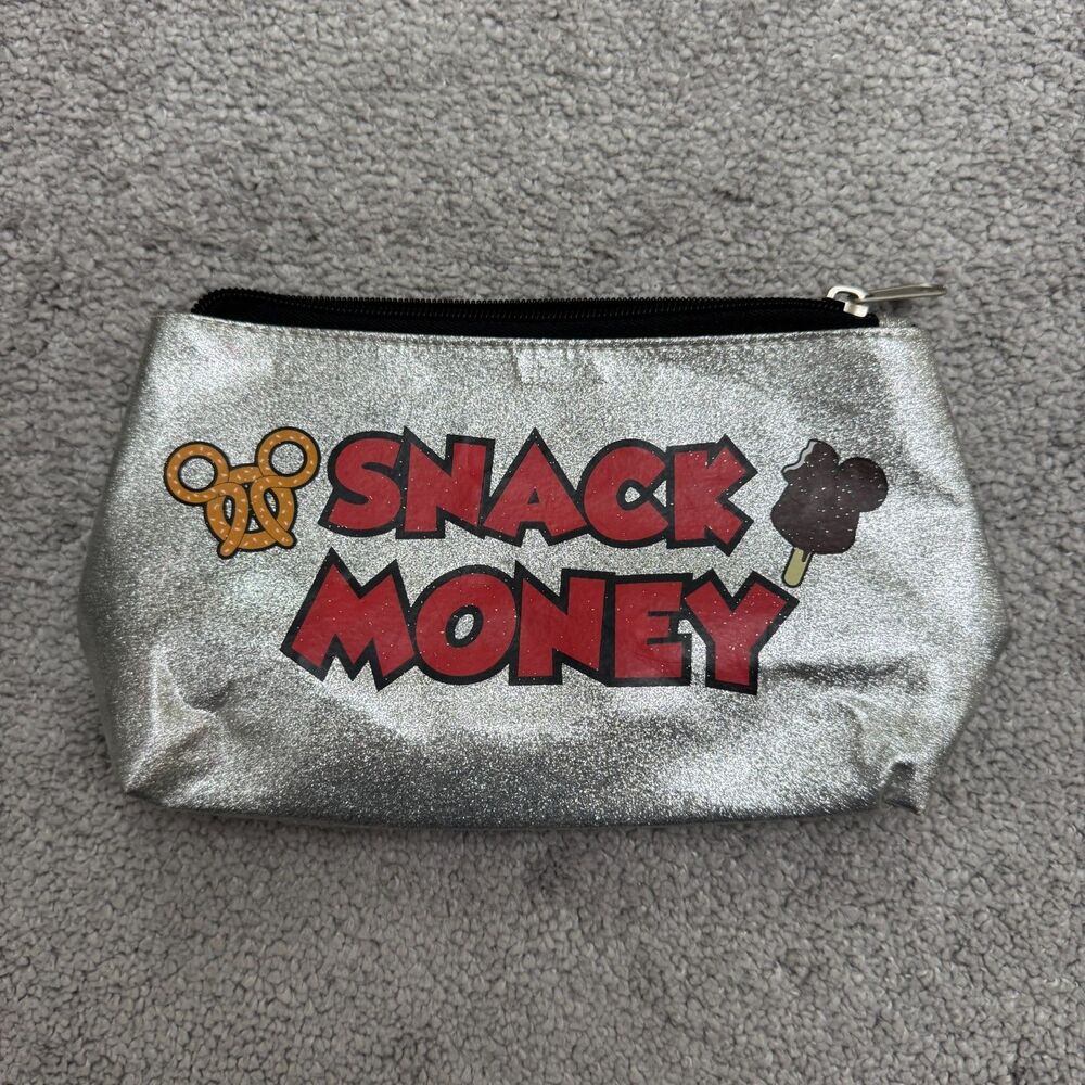 Disney Parks Silver Glitter Snack Money Pouch Zipper Cosmetic Bag Mickey Pretzel